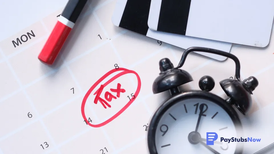 Tax day circled in red on a calendar with a clock next to it