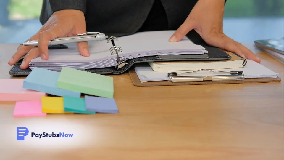 A person in a suit holding a stack of papers on a desk