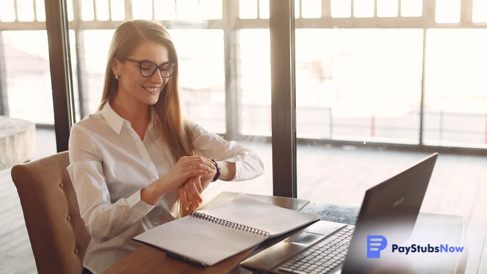 A person in glasses sitting at a desk and smiling while looking at their watch