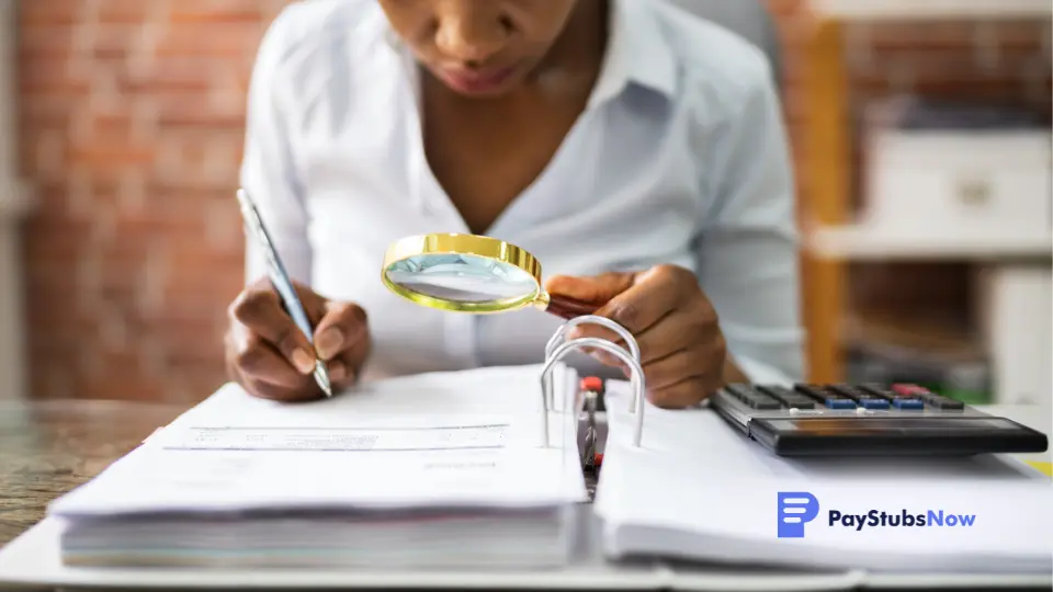 a person using a magnifying glass to look at paperwork