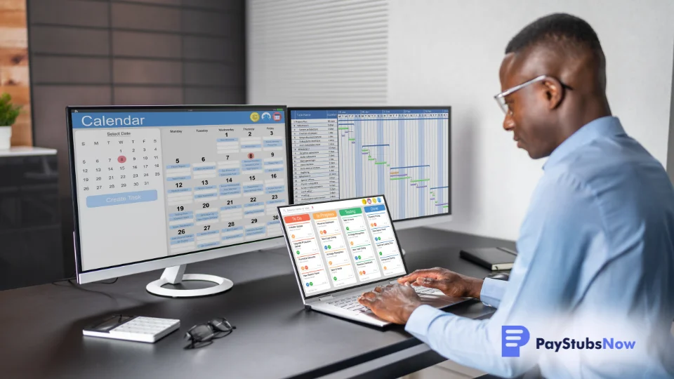 A person sitting at a desk in front of two computer monitors with time-tracking software on the screen