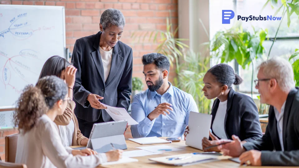 A group of people sitting around a table in an office considering different time-tracking software