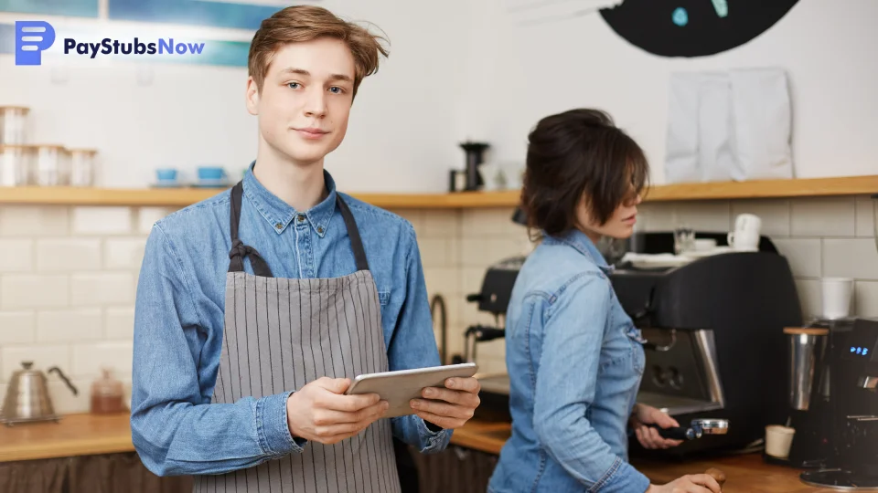 Two business partners work together in a small café—one holding a tablet, the other operating a coffee machine, representing active partners