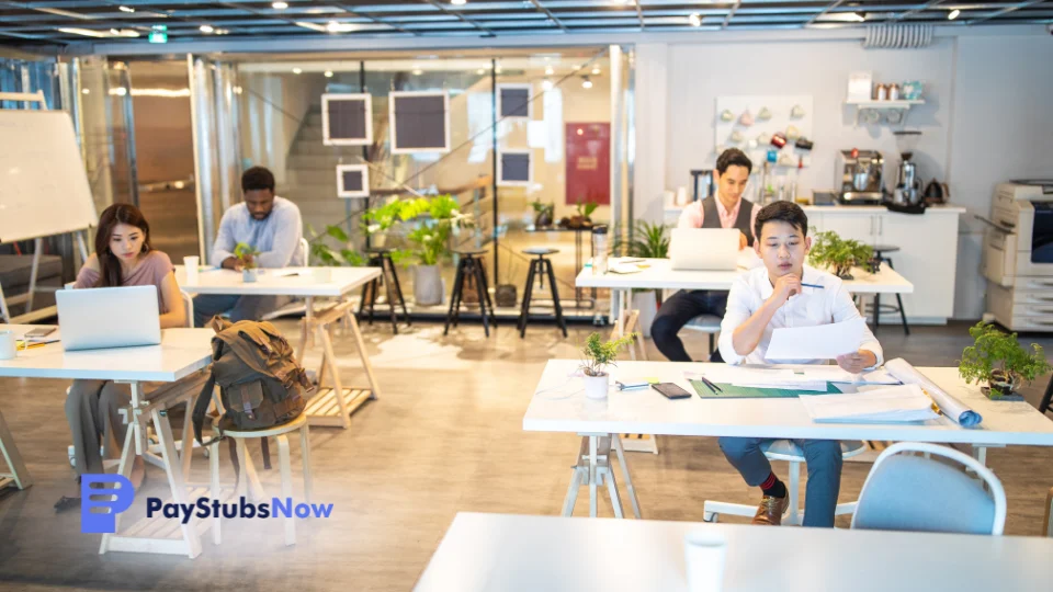 A group of people working at desks in an office