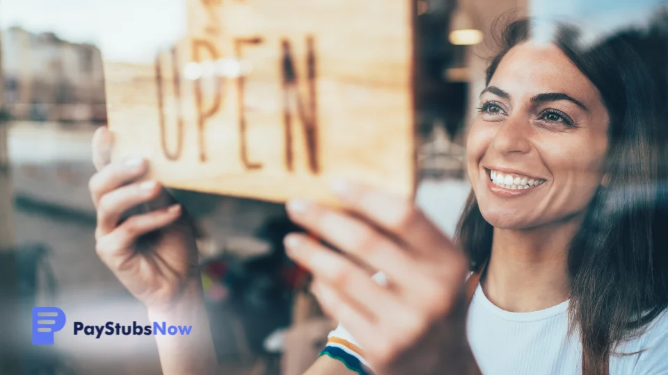 Business owner hangs an Open sign in the window