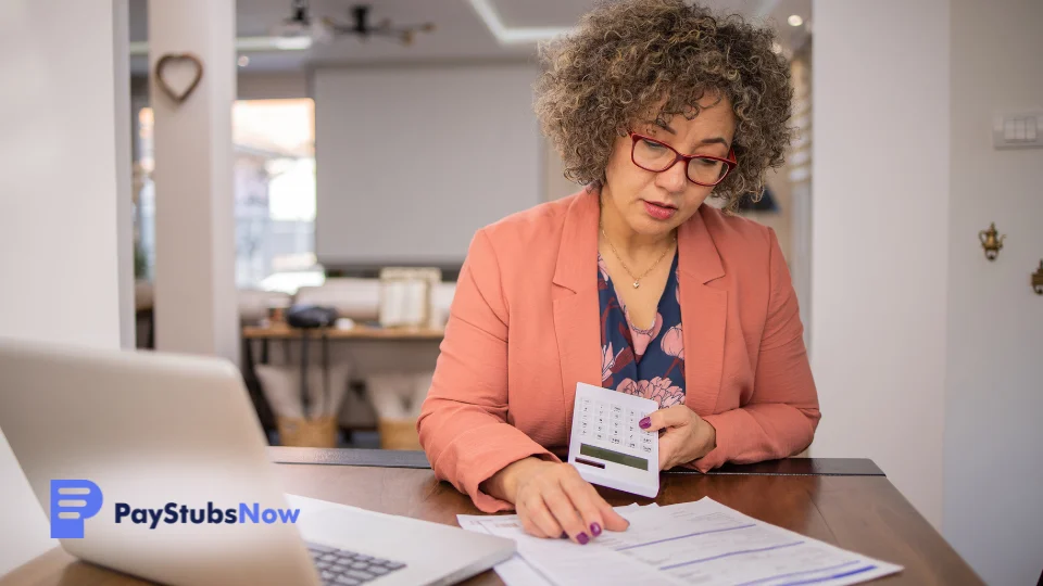 Person looking at documents while holding a calculator