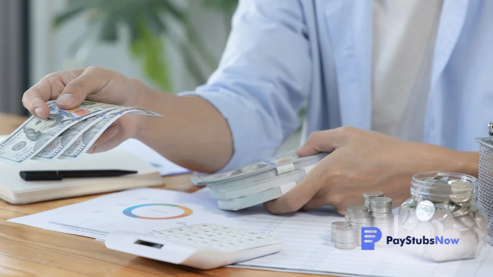 a person counting money at a desk with a calculator, student loan debt