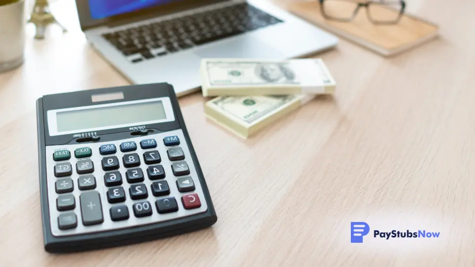 calculator, laptop, and stacks of cash on a wooden desk