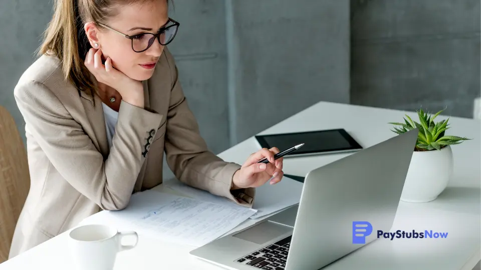 a businesswoman sitting at a desk with a laptop, federal taxes