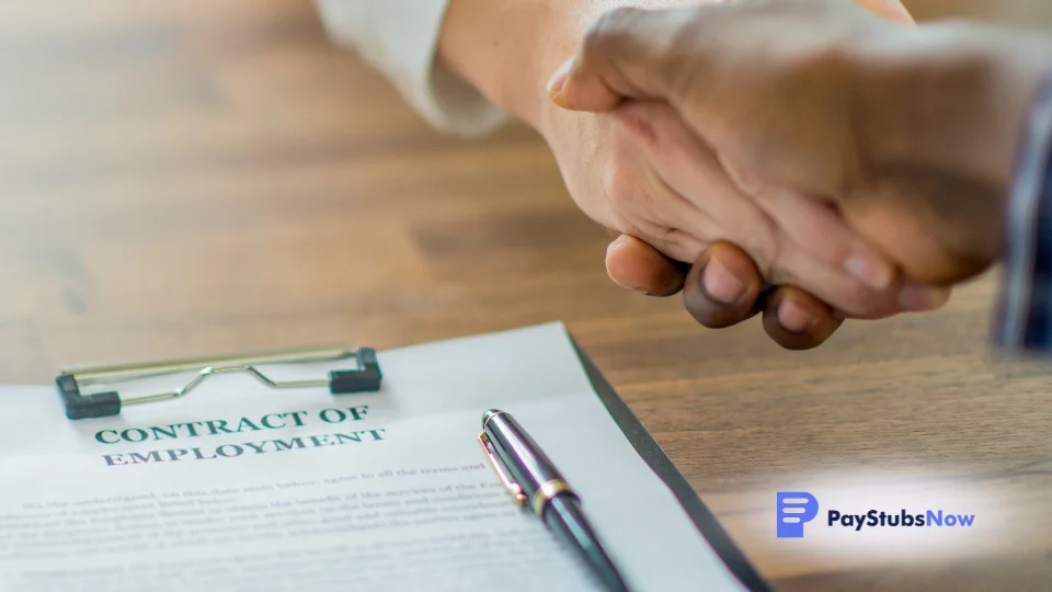 Two people shaking hands over a contract