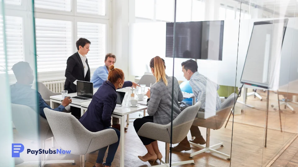 A group of people sitting around a table in an office