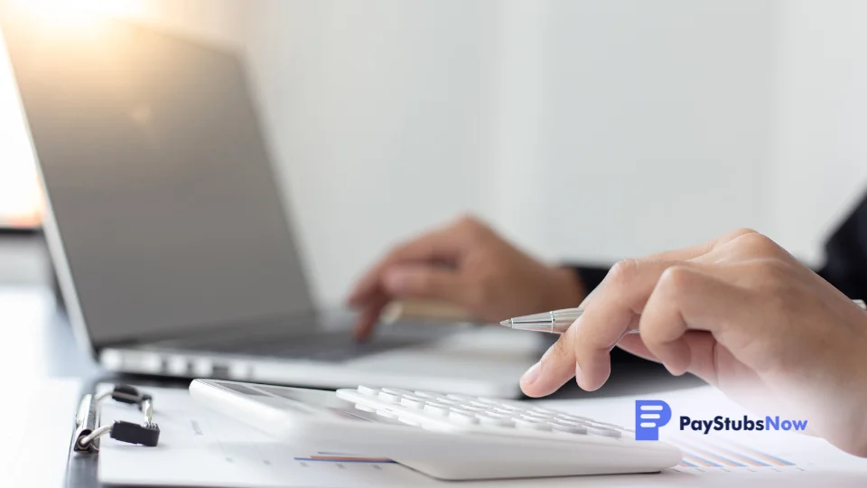 A person is using a calculator on a desk with papers and a laptop