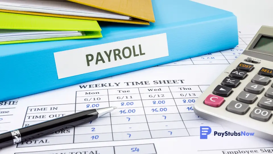 Tools for payroll processing, including paperwork, calculator, and a pen