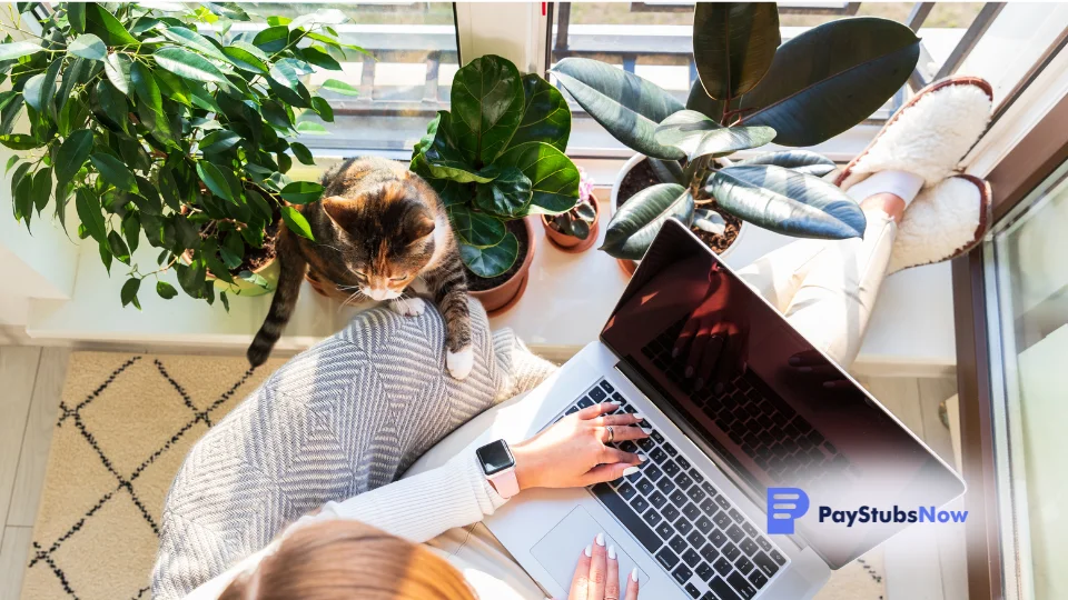 A person sitting in a chair with a laptop and a cat