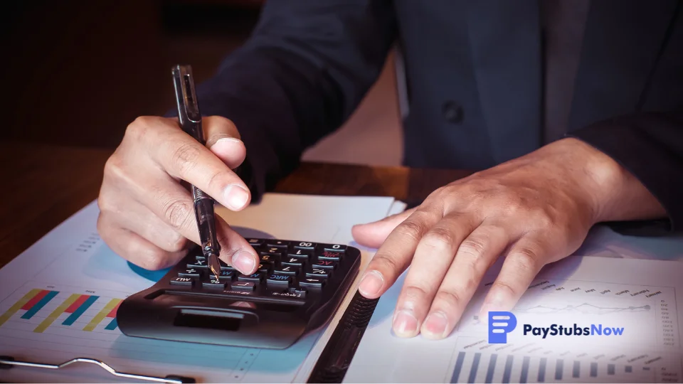 A person in a suit using a calculator on a desk