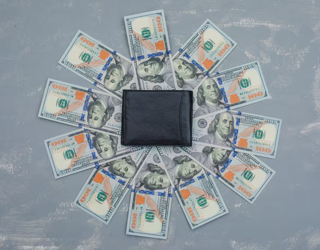 dollar banknotes, wallet on plaster table