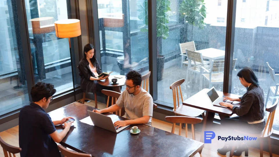 A group of people sitting at a table with laptops