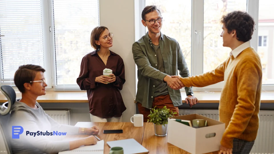 A group of people shaking hands in an office