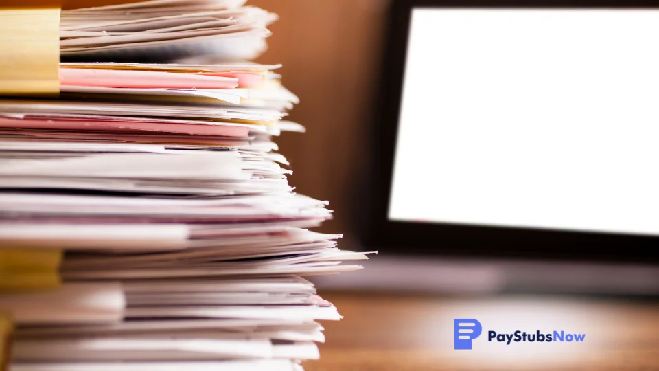 A stack of papers on a desk in front of a computer screen