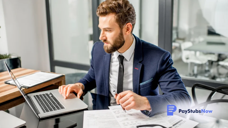 a person in a suit sitting at a desk with papers and a laptop