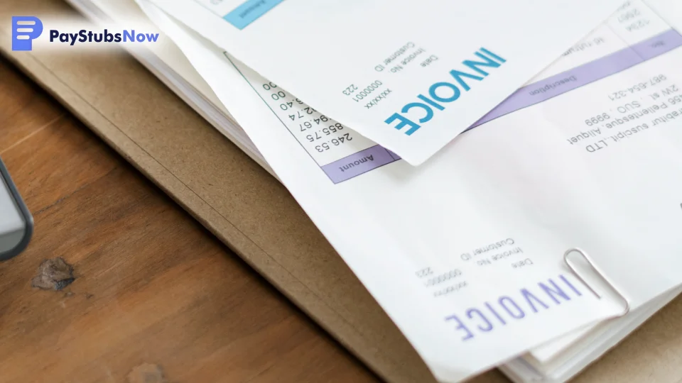 Several invoices for freelancers sit on top of a desk