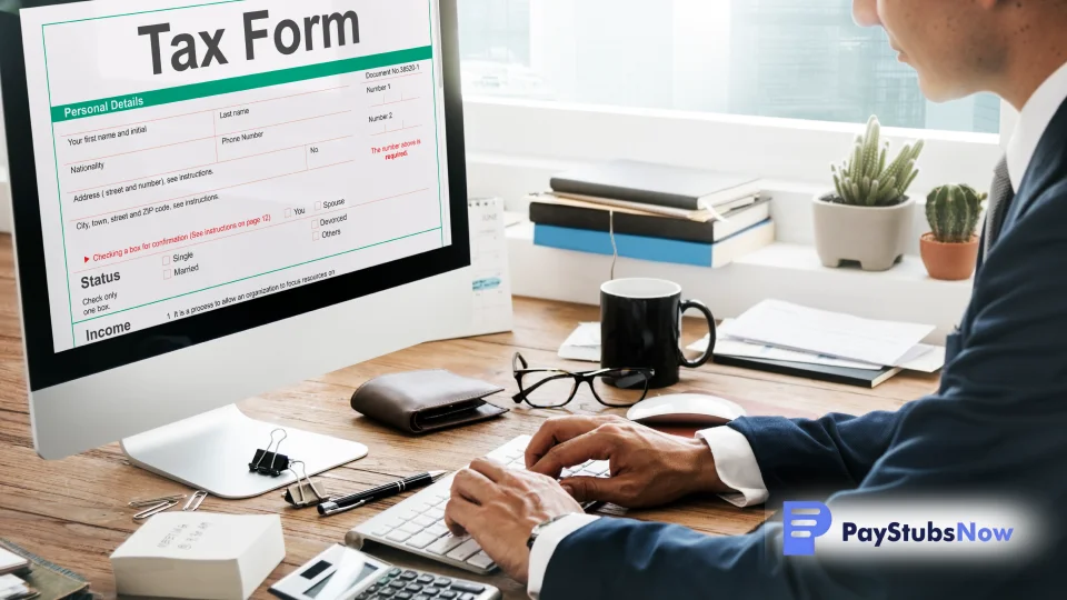 A freelancer uses invoices to fill out a tax form on their computer