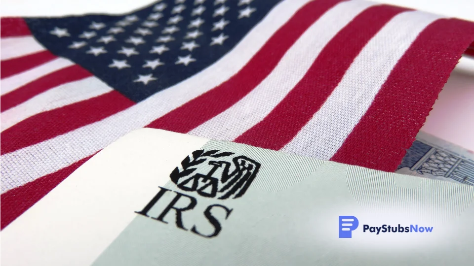 An american flag and an IRS tax form on a white background