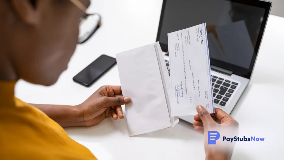 A person holding a paycheck in front of a laptop