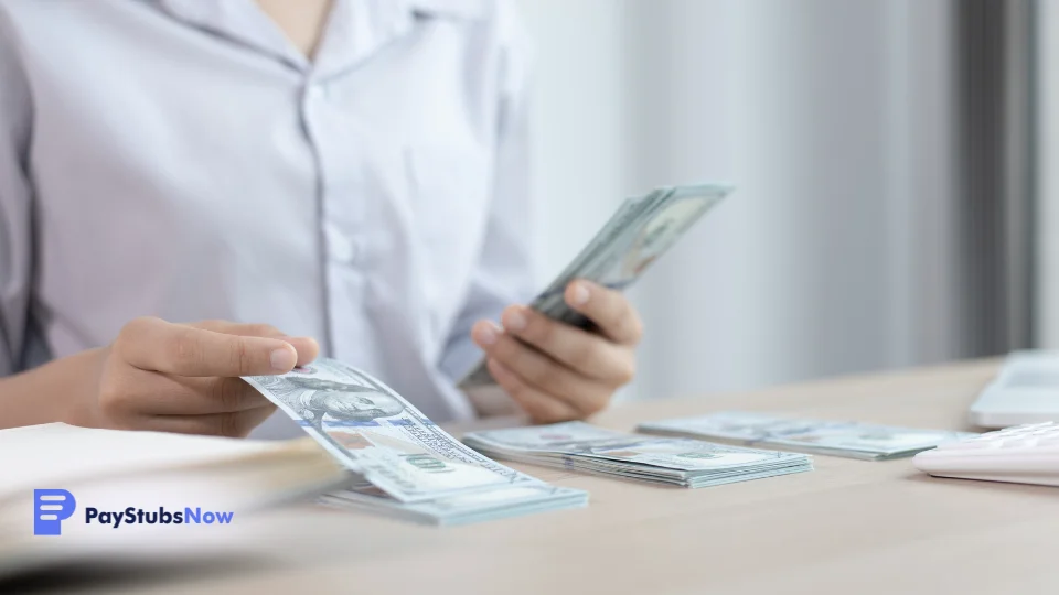 A person counting money in front of a desk