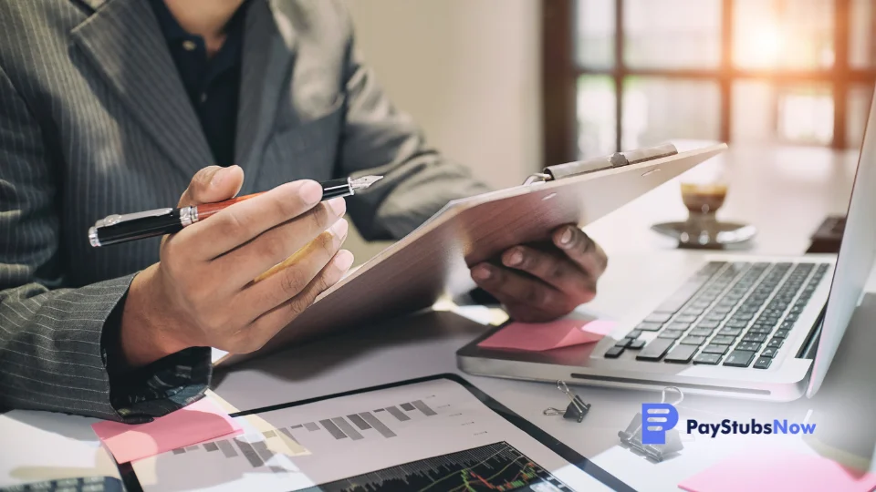 A person in business suit working at desk with laptop and pen