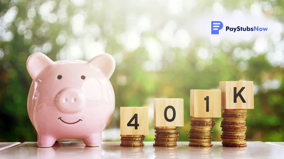 Piggy bank next to coins stacked like stairs, with blocks spelling '401k' placed on top