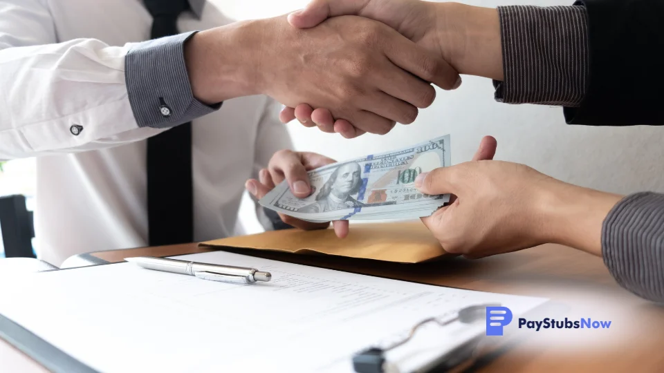 Two people shaking hands over money on a desk