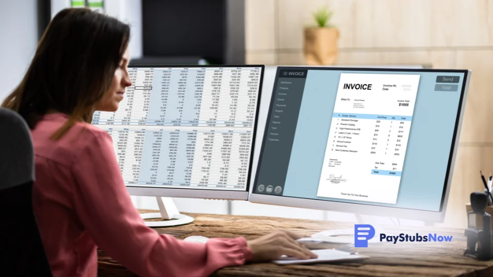 A person sitting at a desk in front of two computer screens, looking at an invoice