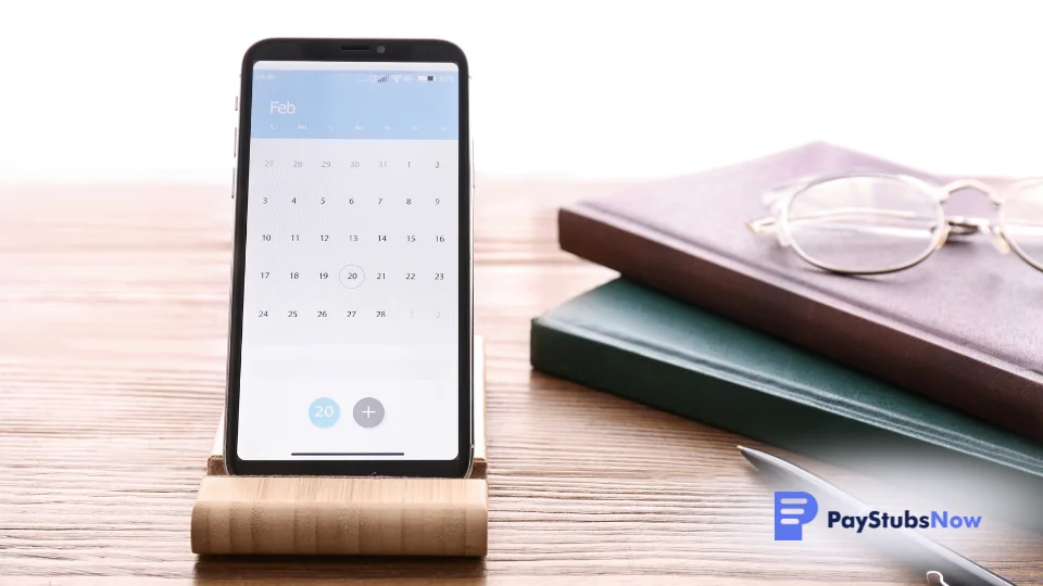 Smartphone displaying a calendar app placed on a desk next to a stack of books and a pair of glasses