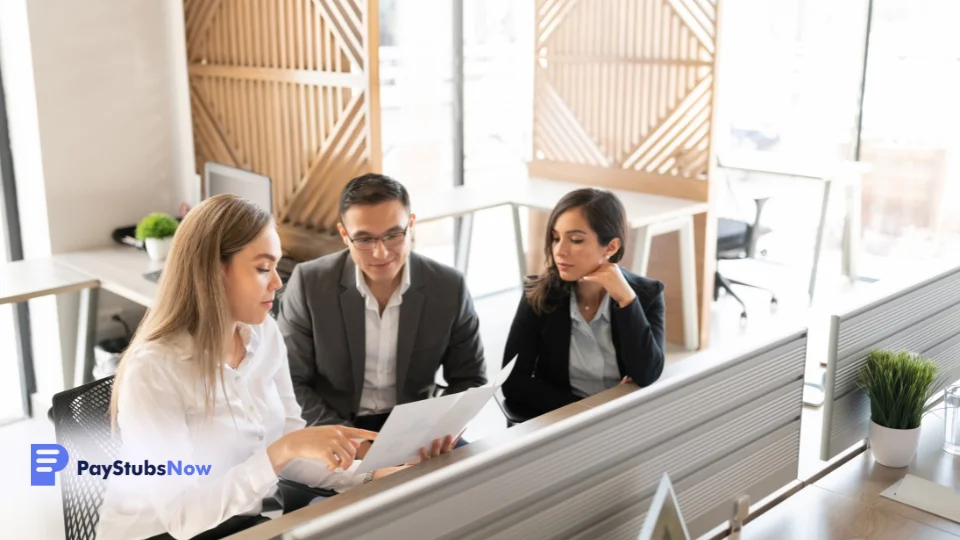 Three people sitting at a desk in an office