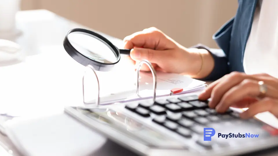 a person holding a magnifying glass over a document and using a calculator