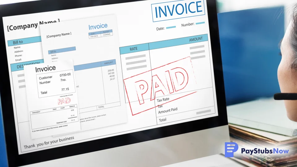 A person looks at a computer with various invoices on the screen