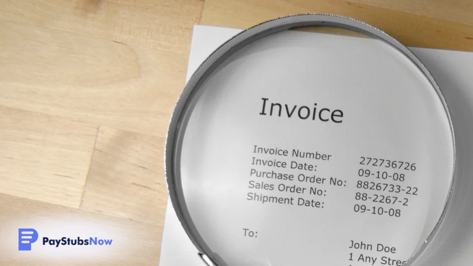 A magnifying glass sits on top of an invoice, highlighting the invoice number, date, and purchase order number
