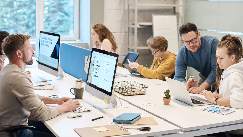 Employees in an office sit at desks, working on computers as part of a busy organization