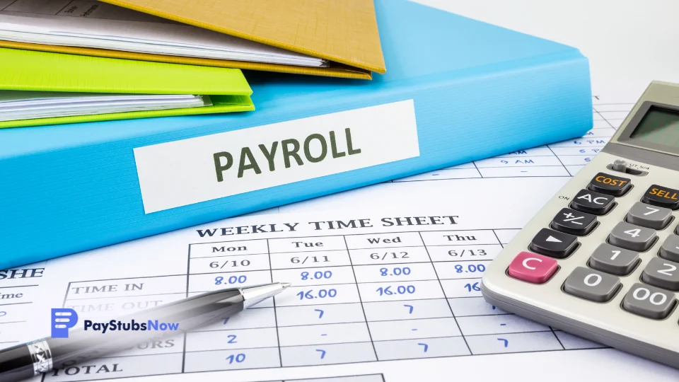 A blue binder with payroll written on it next to a timesheet and calculator