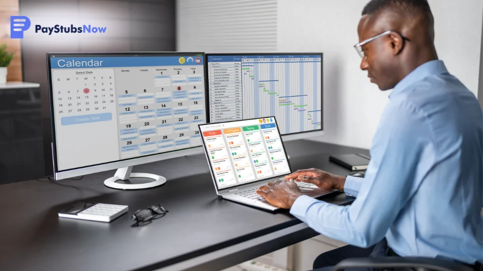 An HR employee works on an automated payroll system across multiple screens