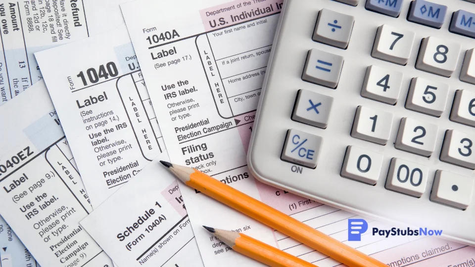 A calculator and pencil sitting on top of a pile of tax documents