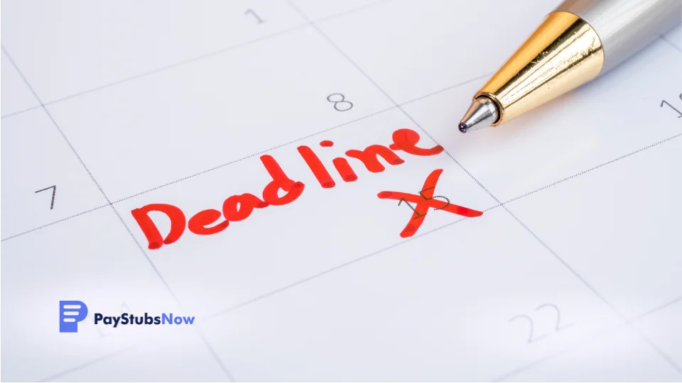 A pen on a calendar with the word “deadline” written on it