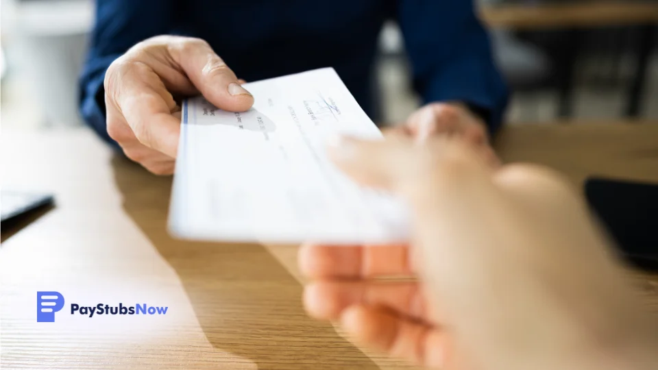 A person handing a check to another person