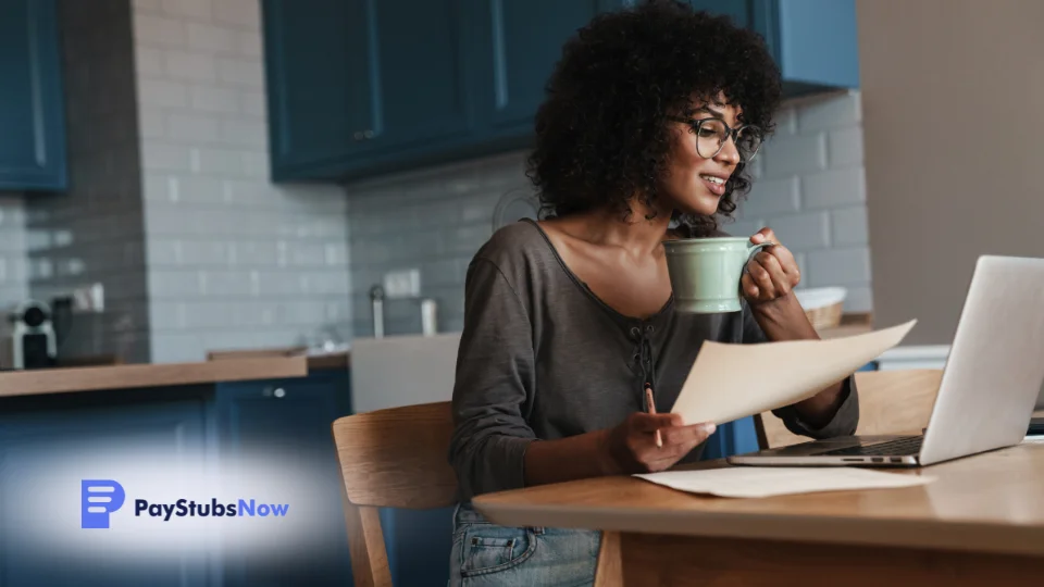 A person working from a laptop and holding a cup of coffee