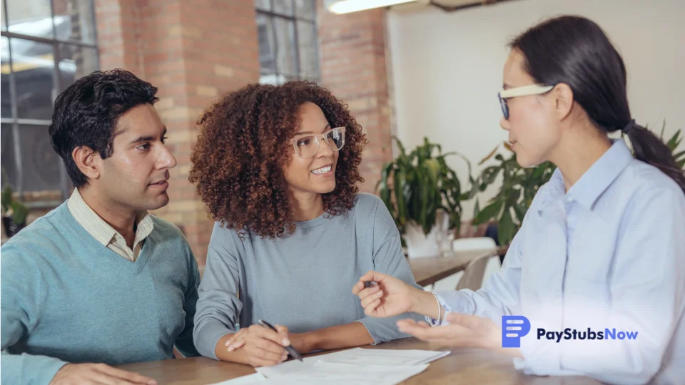 Three people sitting at a table talking to each other