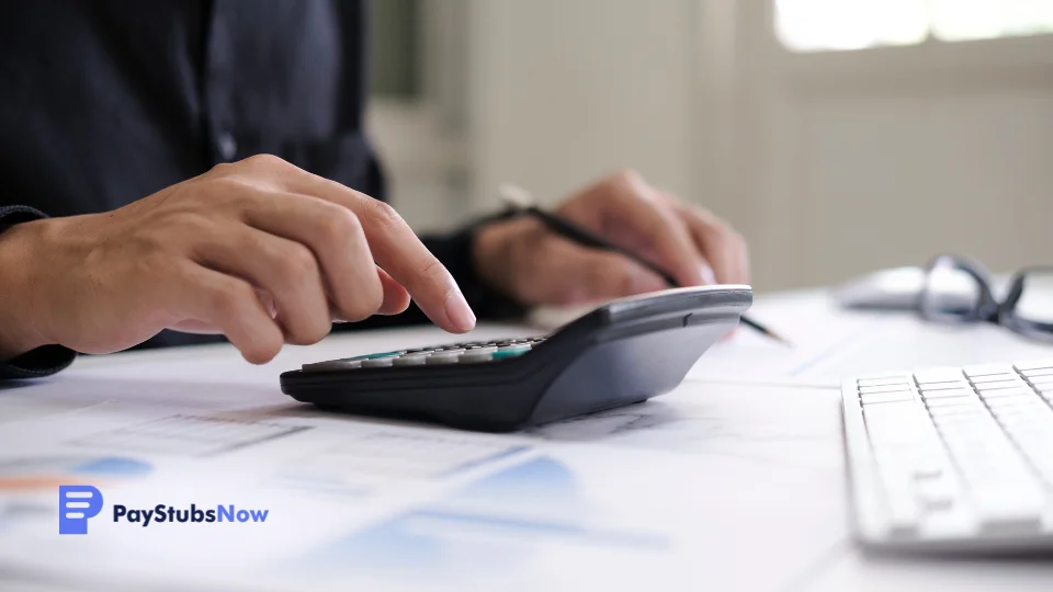 A person using a calculator on a desk