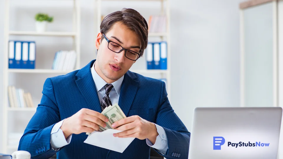 A person in a suit and tie sitting at a desk with a laptop, opening an envelope containing their retention bonus