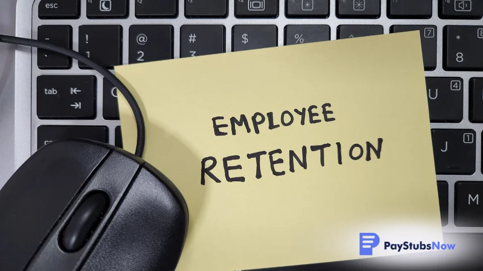 A sticky note with the words 'employee retention' written on it, on top of a keyboard