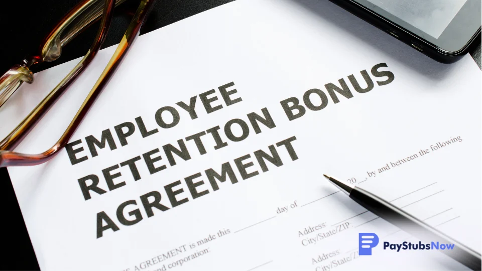 A close-up shot of an employee retention bonus agreement with glasses laying on top